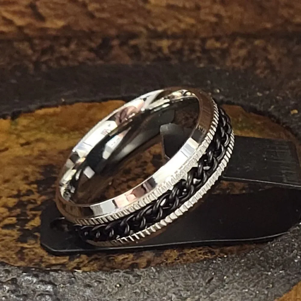 Men's Black Chain Fidget Spinner Wedding Band - Anxiety Ring for Men